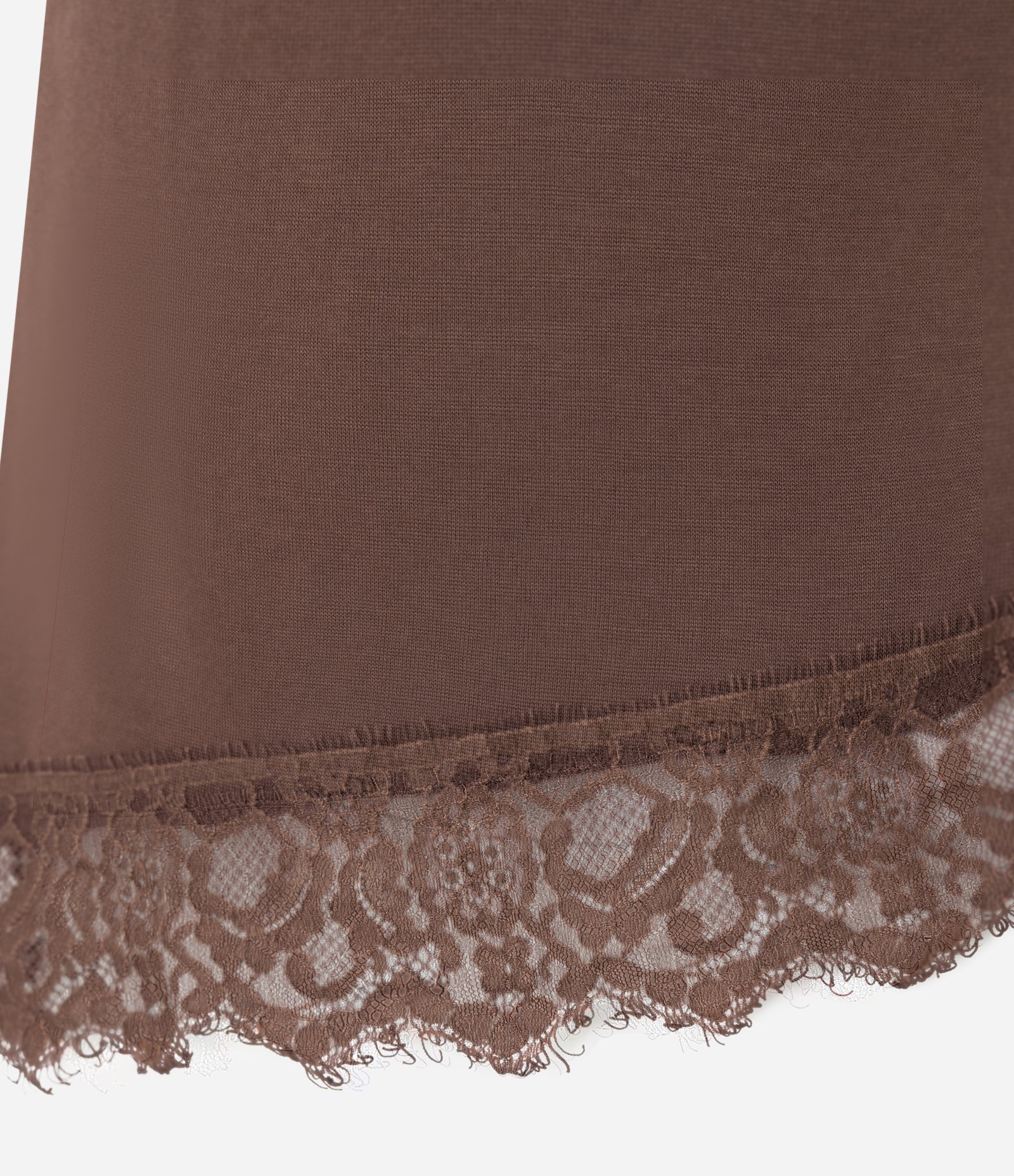 Blusa Manga Curta em Viscose com Gola Alta e Barra Rendada Marrom 6