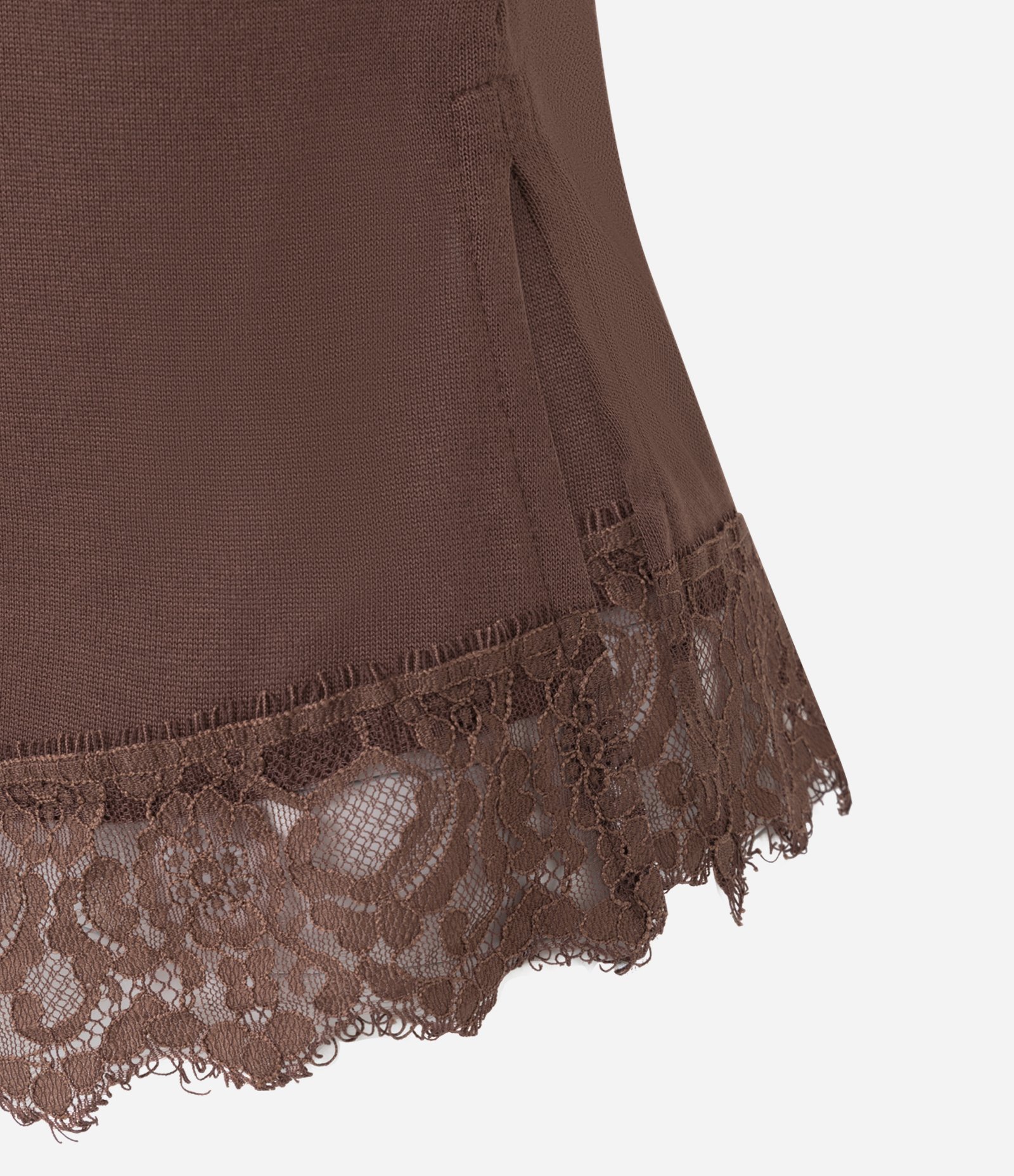 Blusa Manga Curta em Viscose com Gola Alta e Barra Rendada Marrom 7