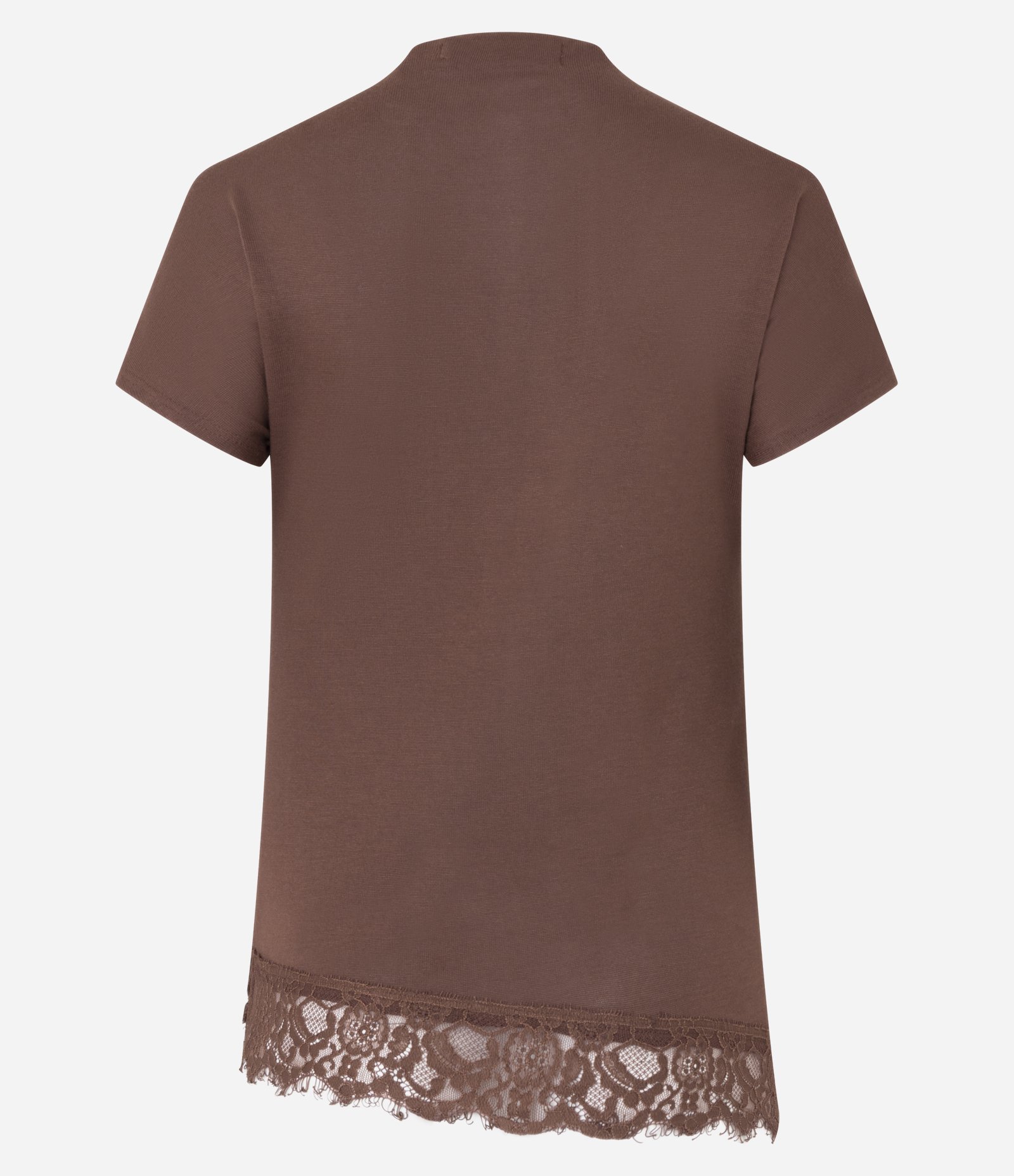 Blusa Manga Curta em Viscose com Gola Alta e Barra Rendada Marrom 8