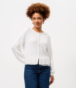 Casaco Cardigan em Tricô com Botões e Detalhe de Barra Rendada