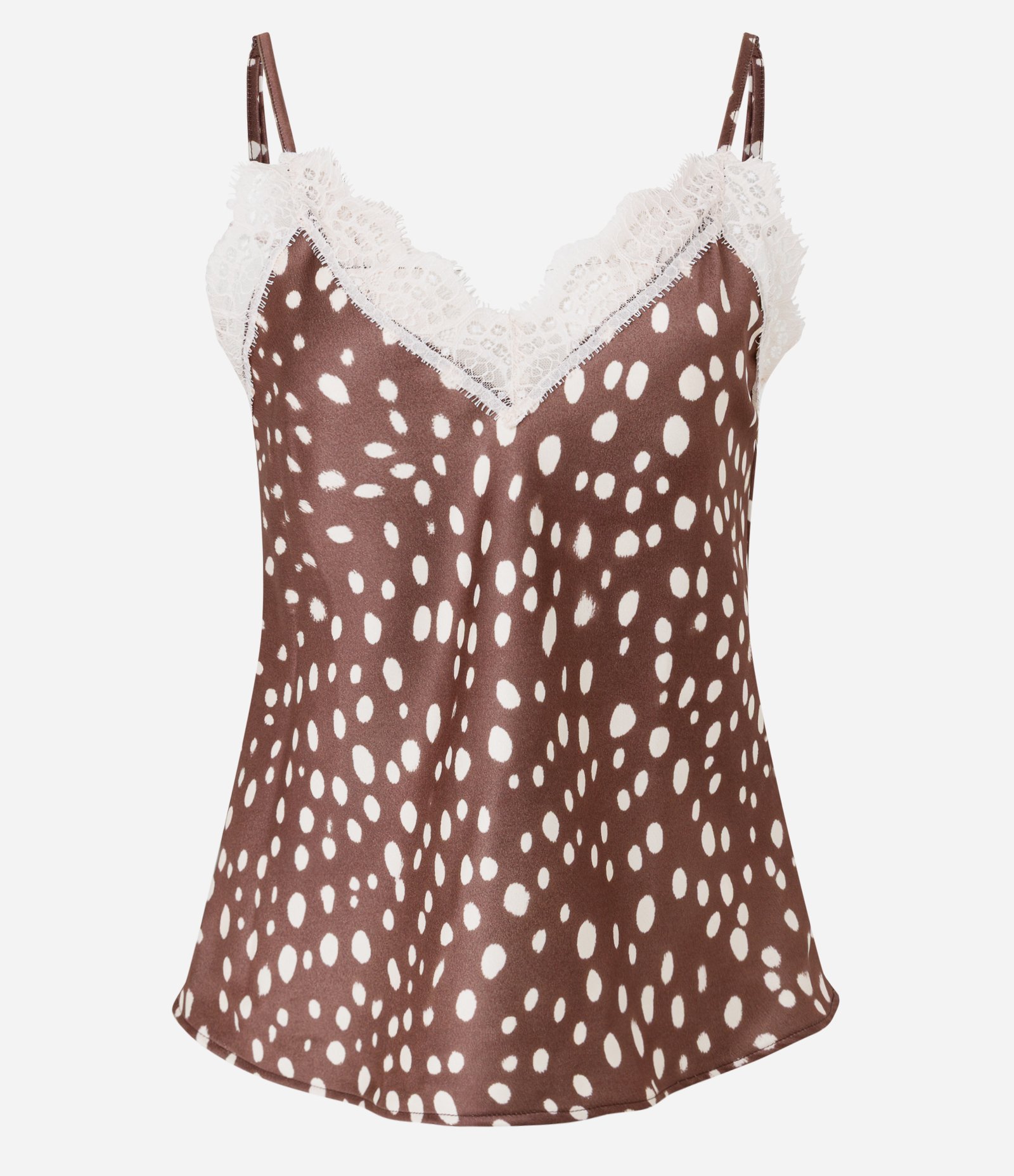 Blusa de Alcinha em Cetim com Renda Estampa Abstrata Marrom 1