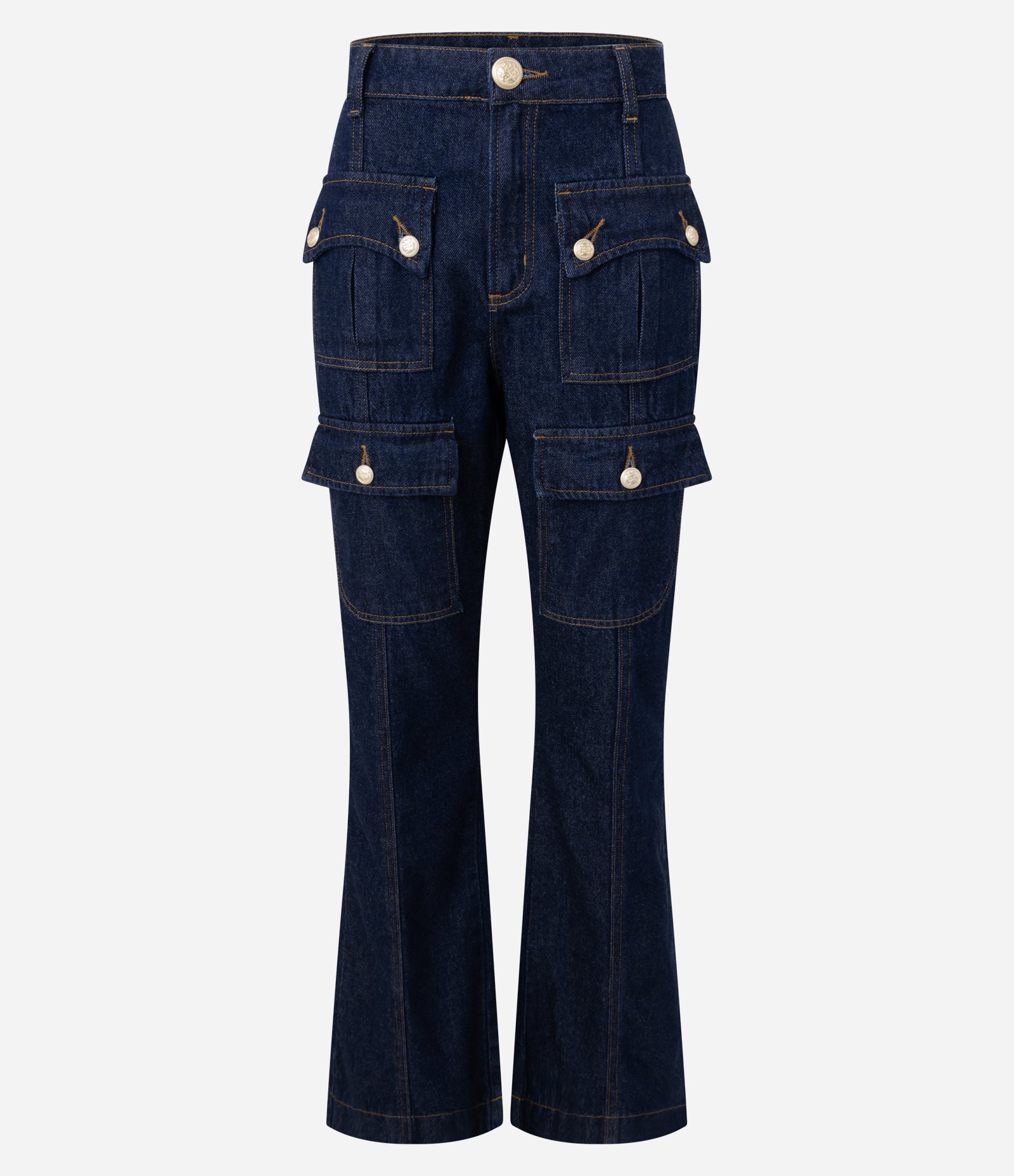 Calça Flare Utilitária em Jeans com Cintura Alta Azul Marinho 5