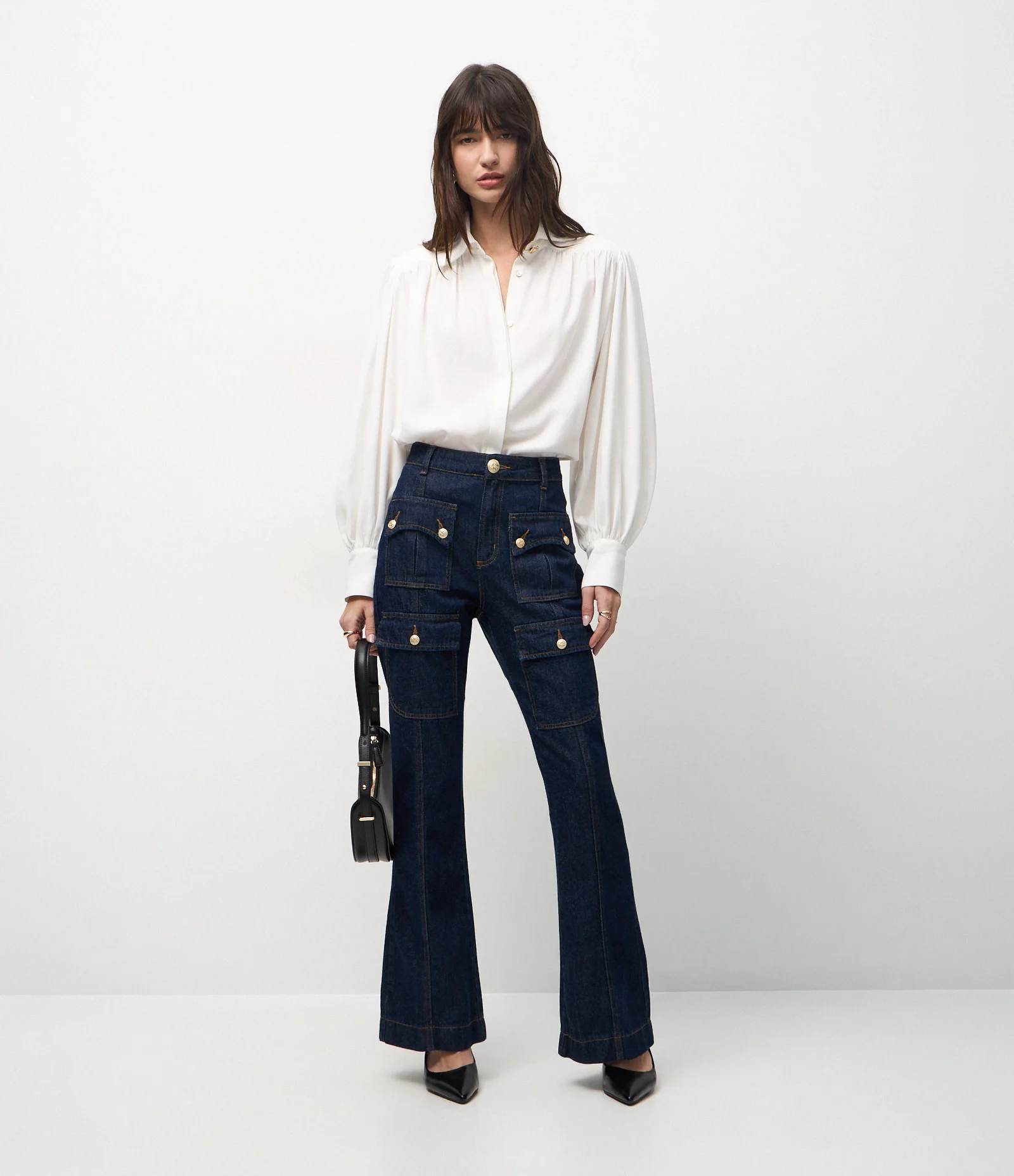 Calça Flare Utilitária em Jeans com Cintura Alta Azul Marinho 1