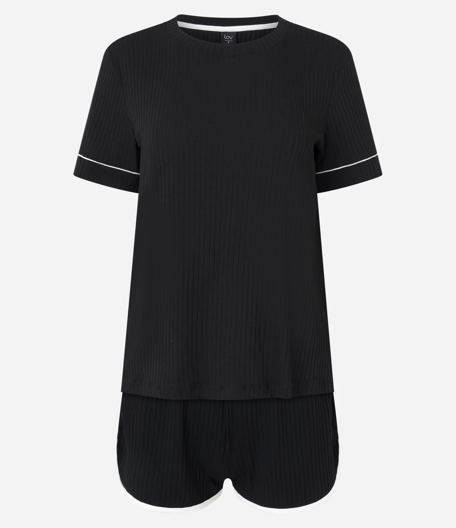 Pijama Curto em Ribana Canelado com Detalhes Contrastantes Preto 1
