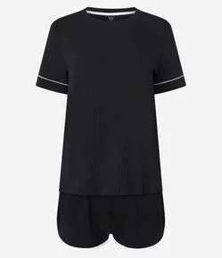 Pijama Curto em Ribana Canelado com Detalhes Contrastantes