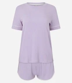 Pijama Curto em Ribana Canelado com Detalhes Contrastantes