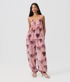 Calça Balloon com Estampa Abstrata Tropical e Amarração na Barra