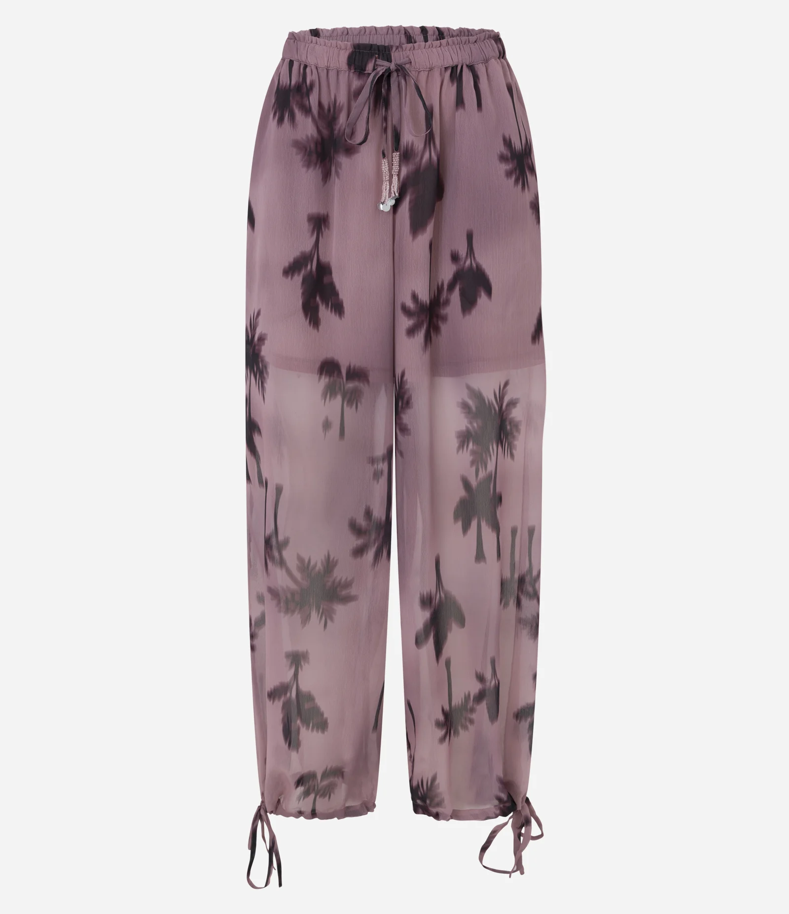 Calça Balloon com Estampa Abstrata Tropical e Amarração na Barra Lilás 1