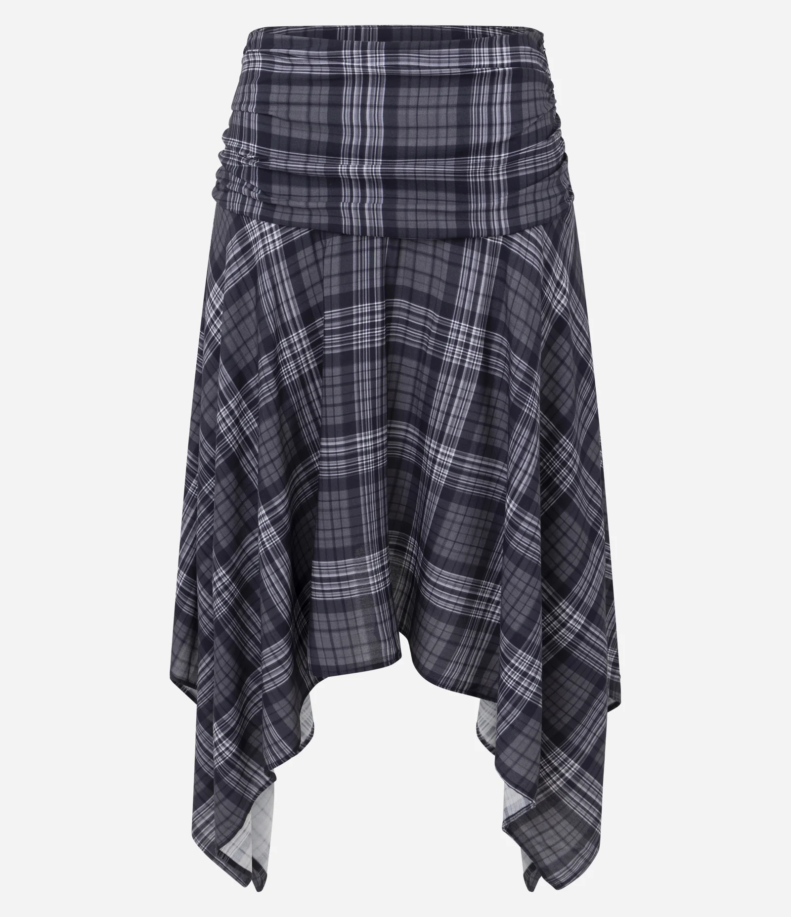 Saia Assimétrica em Viscose Xadrez com Pontas e Amarração Cinza 1