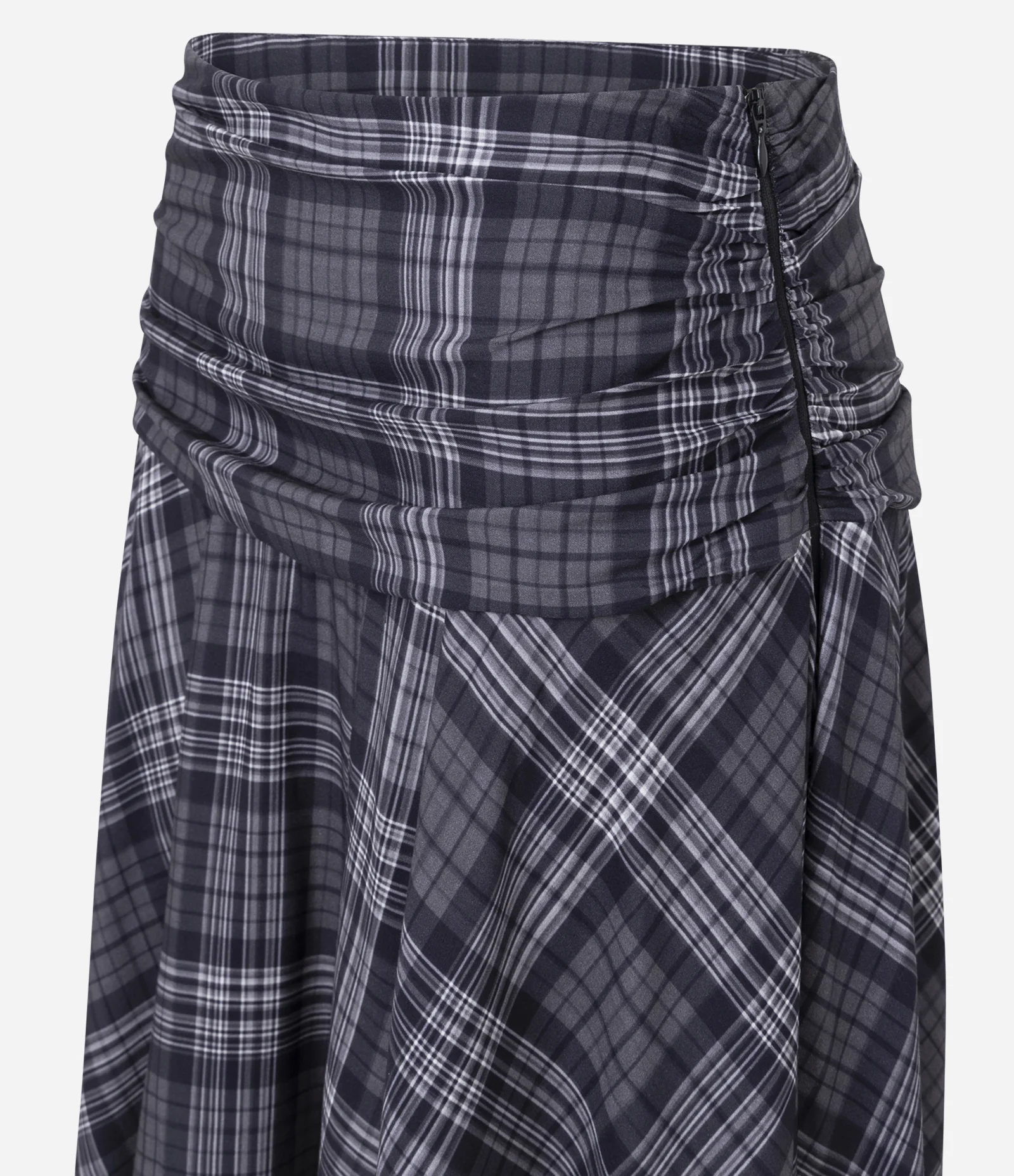 Saia Assimétrica em Viscose Xadrez com Pontas e Amarração Cinza 2