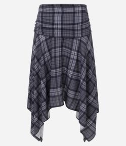 Saia Assimétrica em Viscose Xadrez com Pontas e Amarração