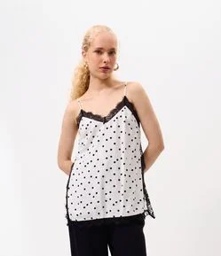 Blusa de Alcinha em Viscose com Estampa Poá e Detalhe em Renda