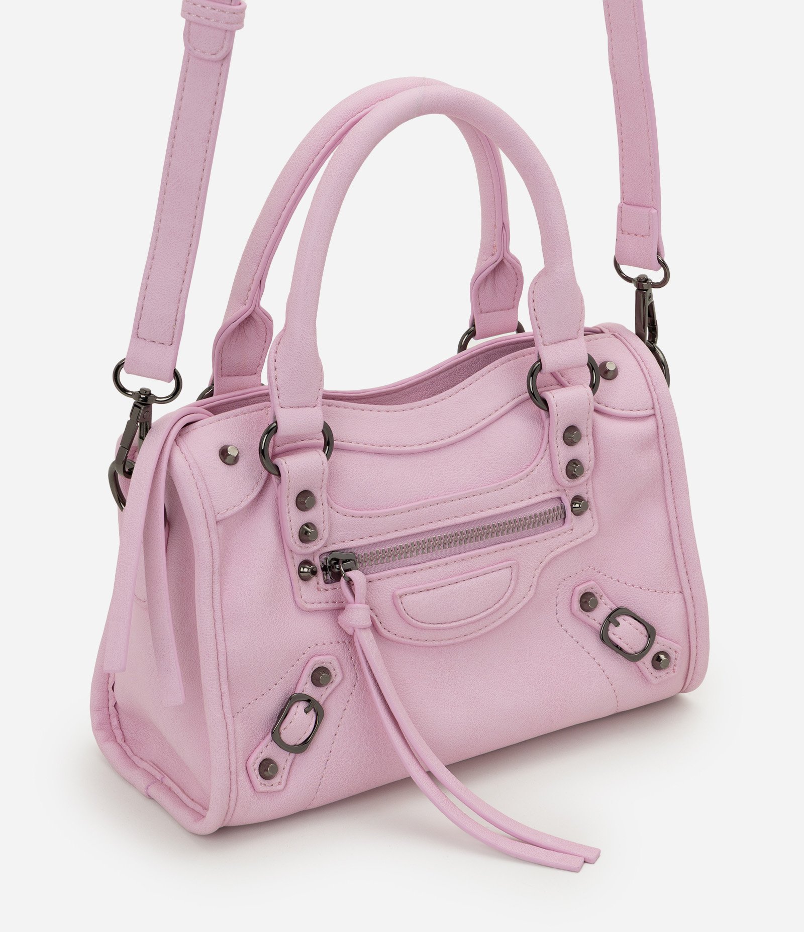 Bolsa Pequena Satchel com Detalhes Metálicos Rosa Claro 2