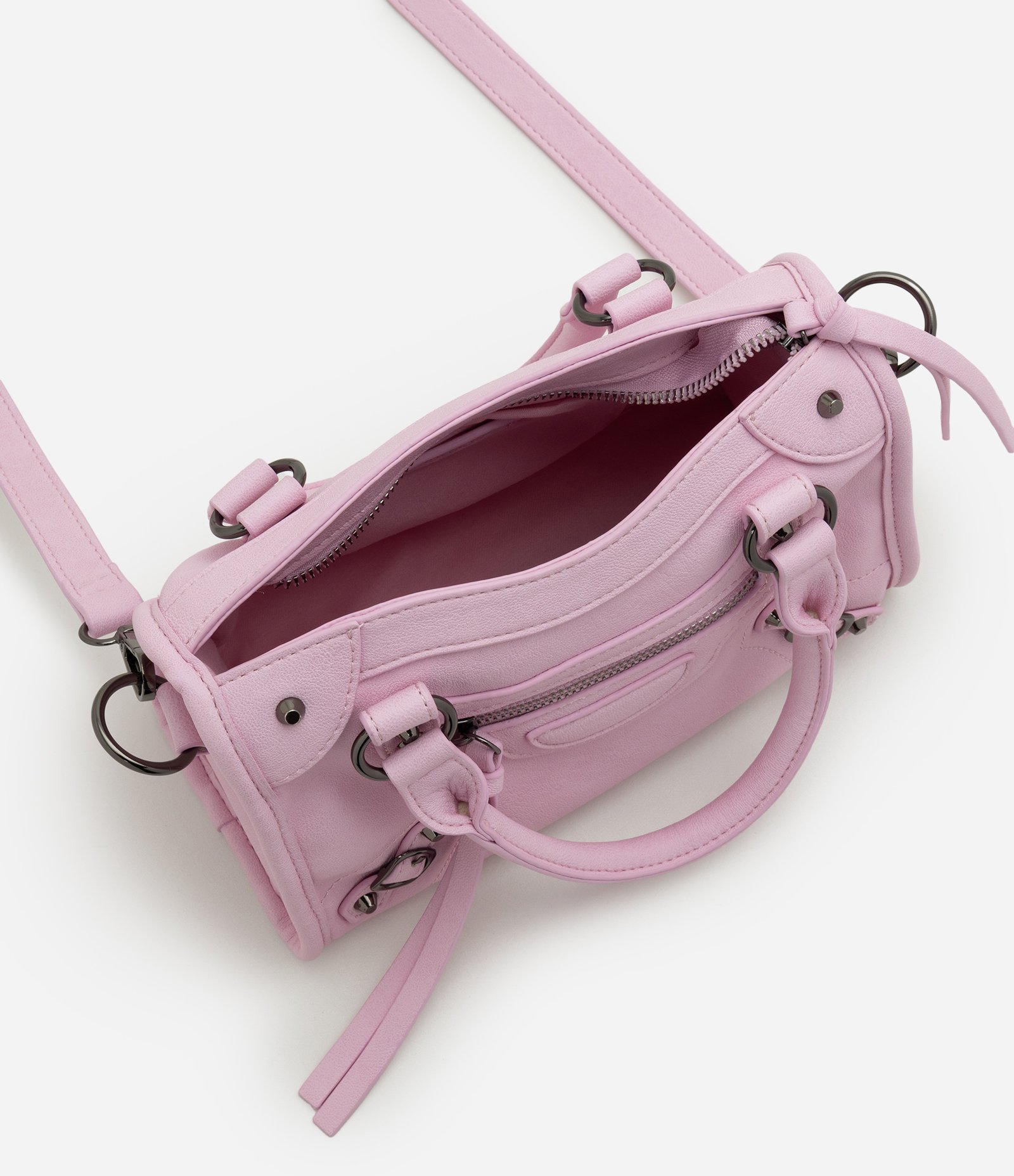 Bolsa Pequena Satchel com Detalhes Metálicos Rosa Claro 6