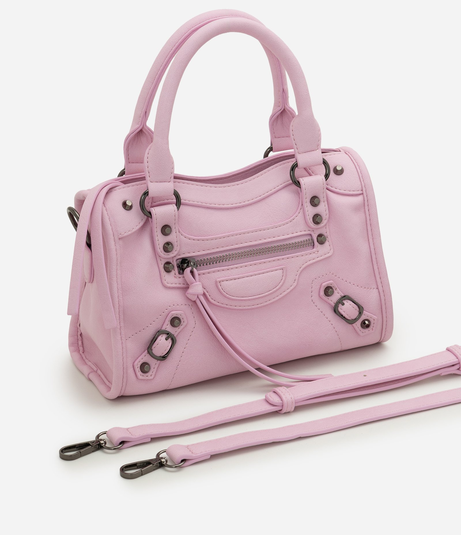 Bolsa Pequena Satchel com Detalhes Metálicos Rosa Claro 7