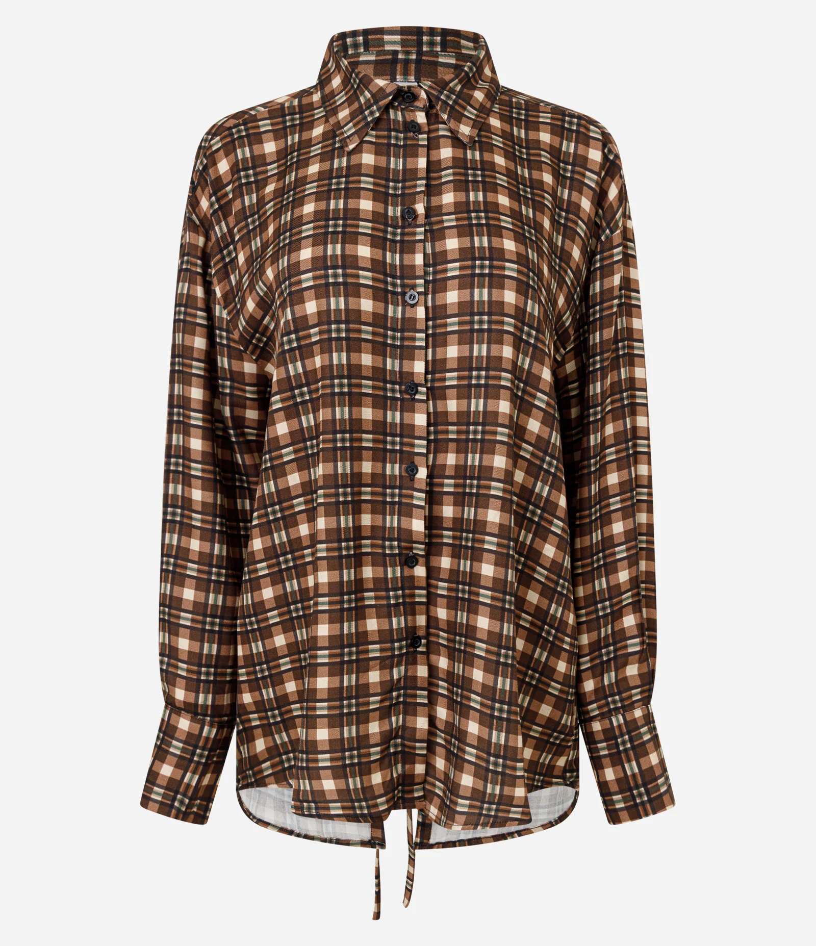 Camisa Alongada Xadrez em Crepe e Amarração nas Costas Marrom 1