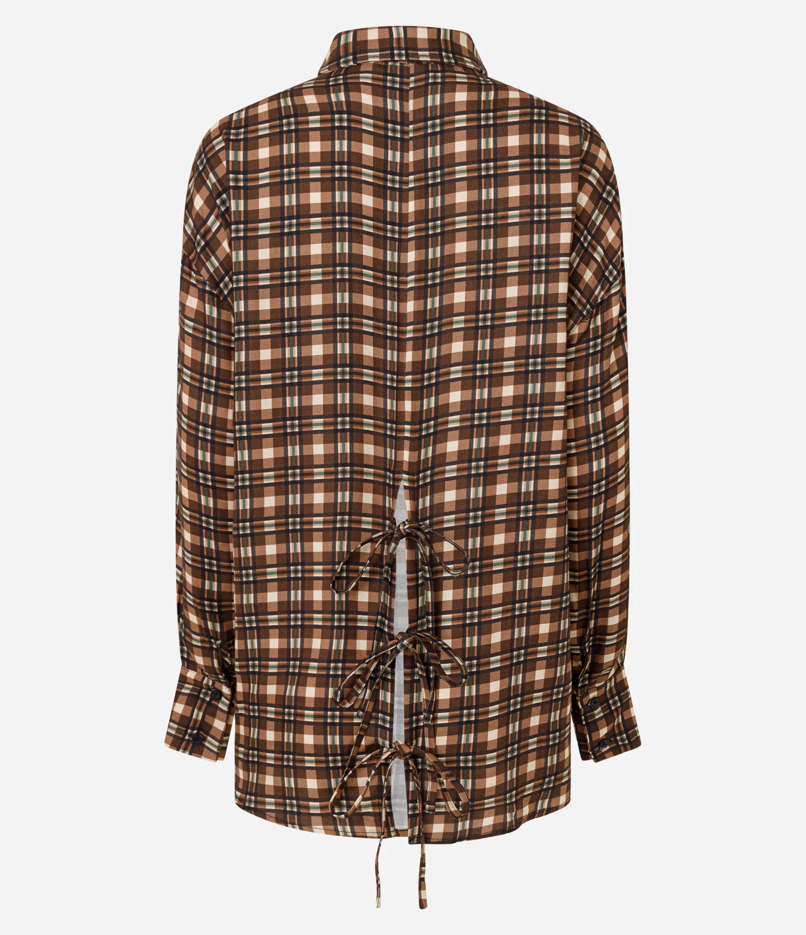 Camisa Alongada Xadrez em Crepe e Amarração nas Costas Marrom 2