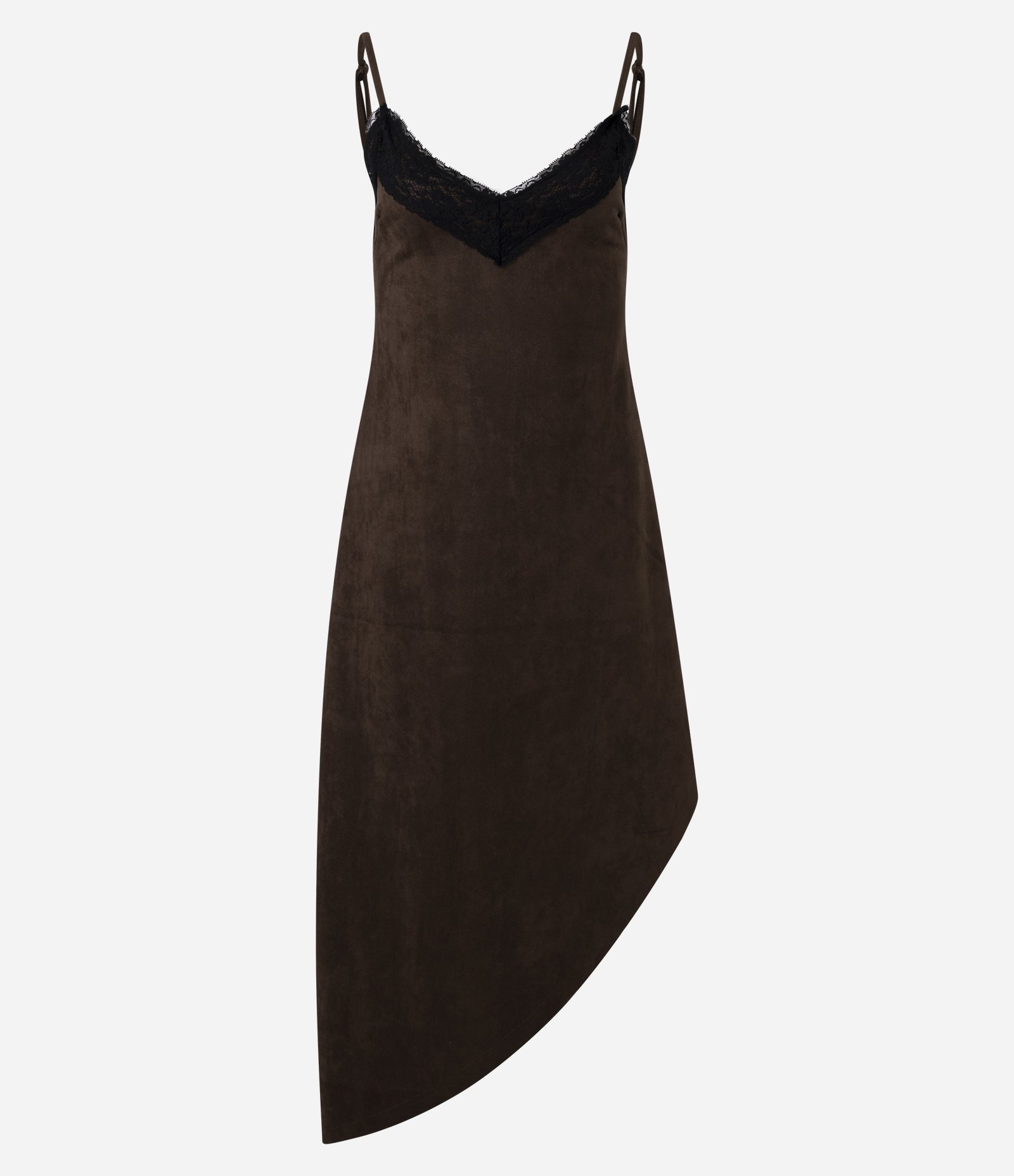 Vestido Midi de Alcinha em Suede com Barra Assimétrica e Decote Rendado Marrom 5