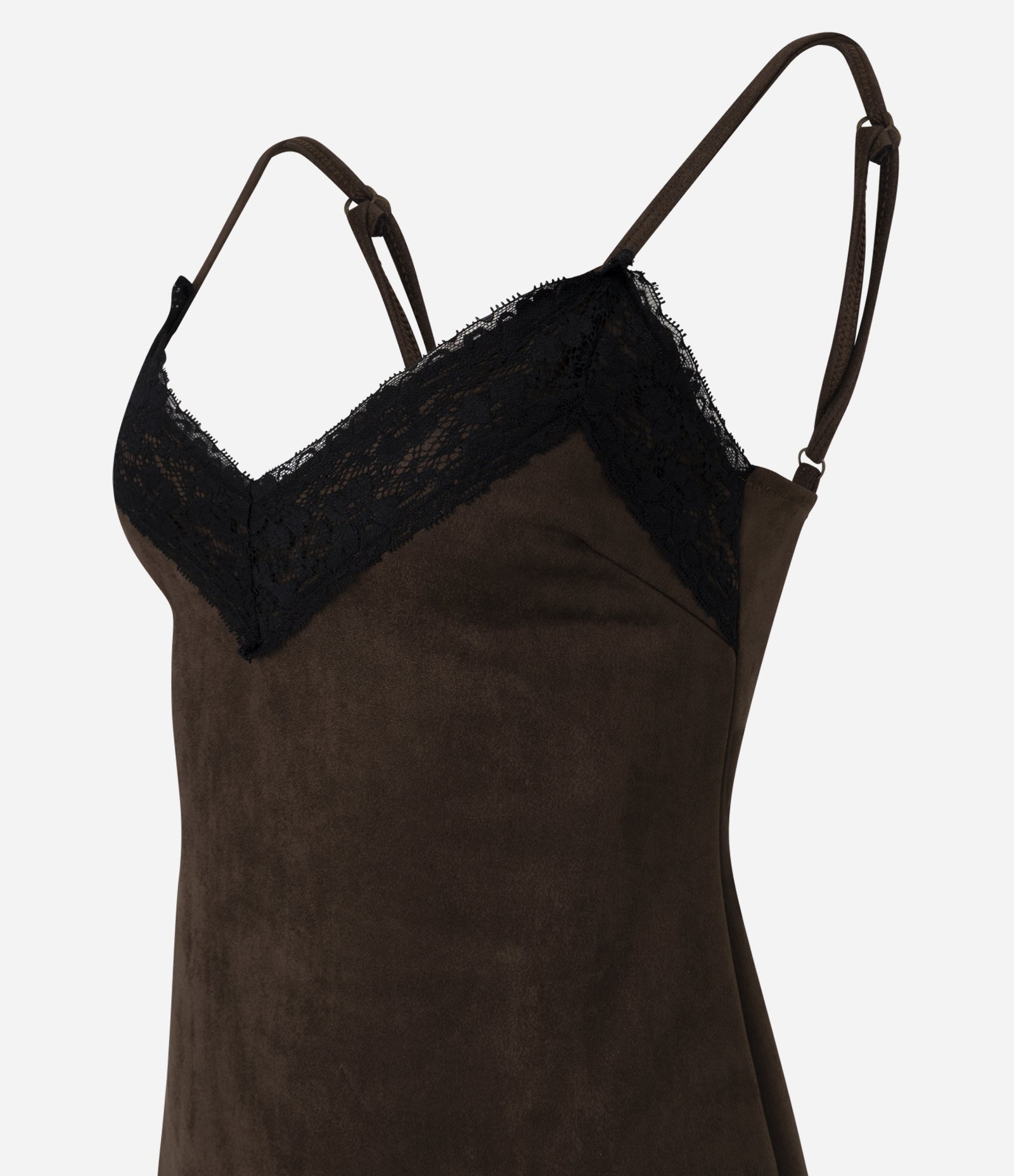Vestido Midi de Alcinha em Suede com Barra Assimétrica e Decote Rendado Marrom 6
