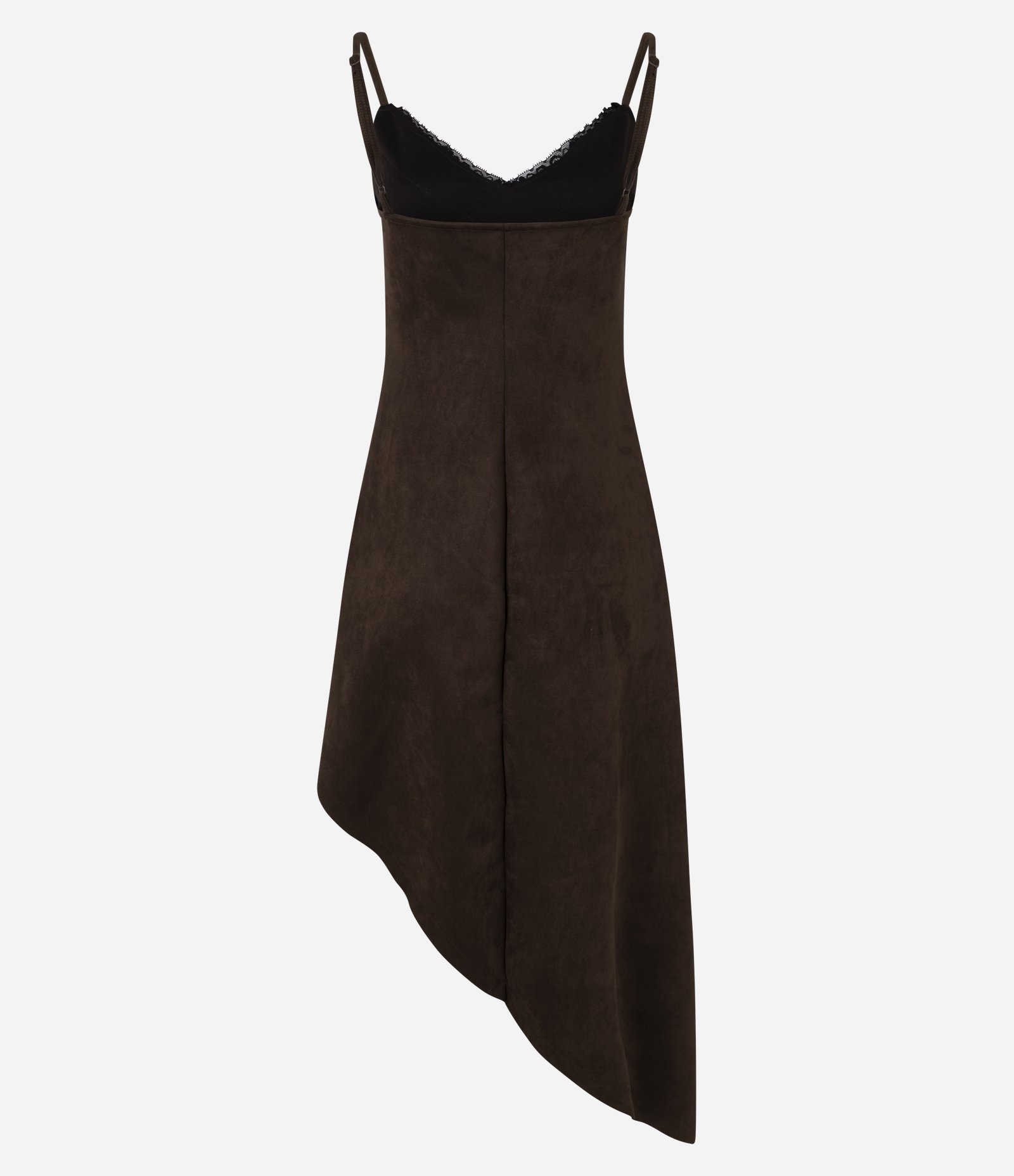 Vestido Midi de Alcinha em Suede com Barra Assimétrica e Decote Rendado Marrom 7