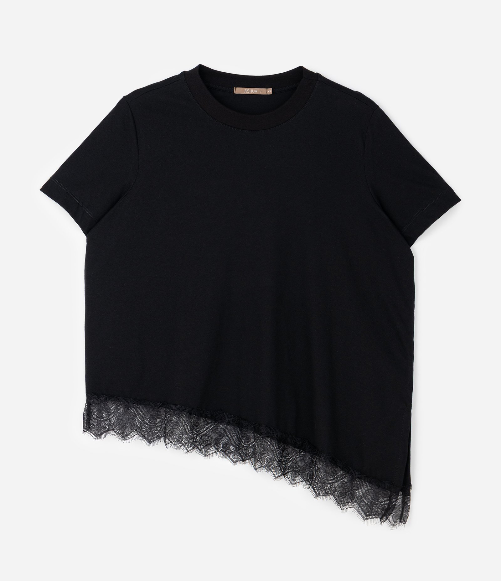 Blusa Manga Curta com Renda Irregular na Barra Curve & Plus Size Preto 1