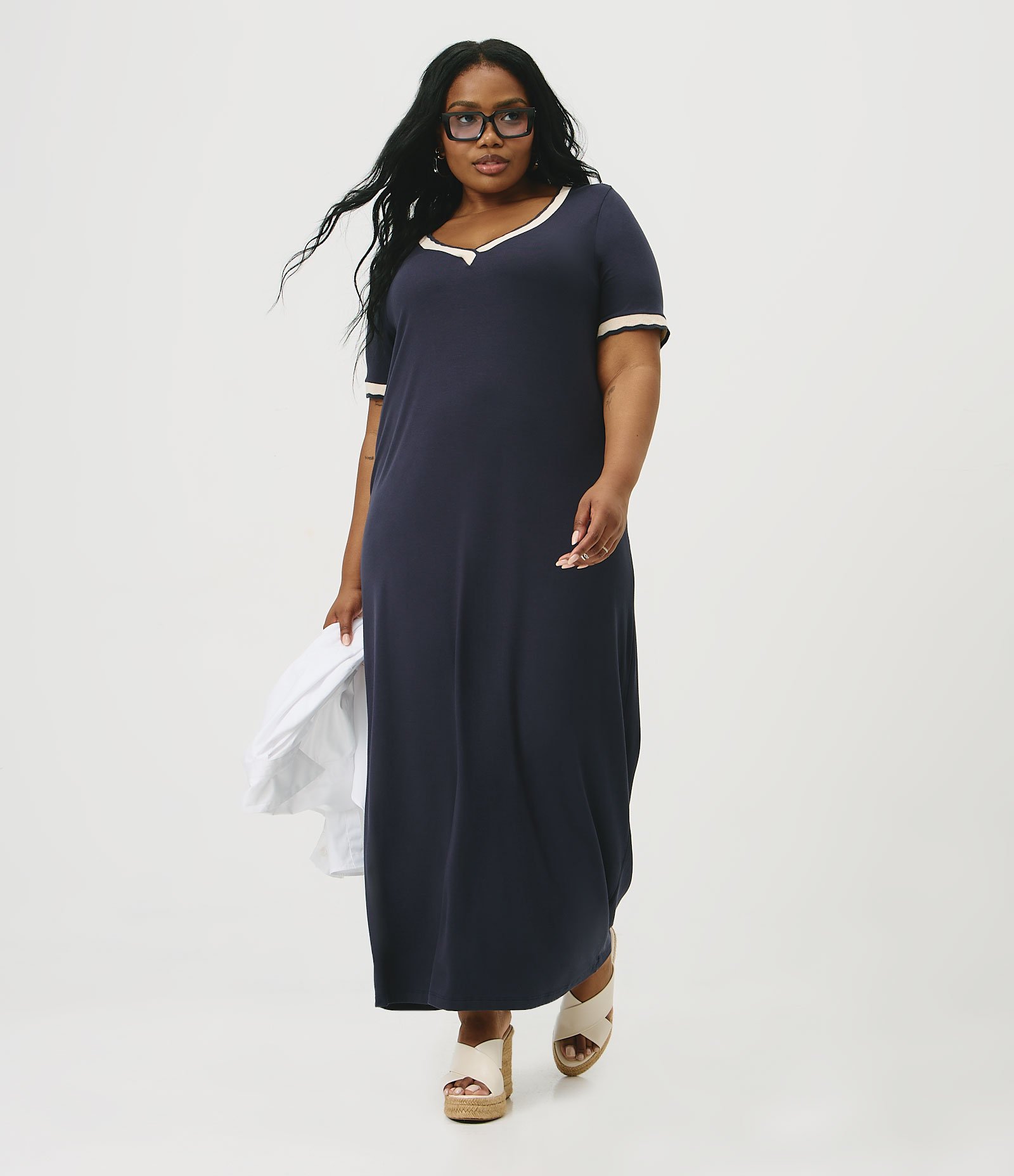 Vestido Crepe Midi com Decote V Curve & Plus Size Azul 1