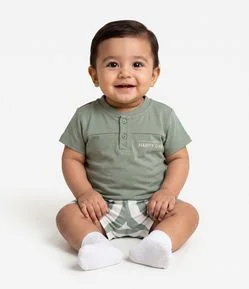 Conjunto Bebê Em Microfibra Decote Henley - Tam 0 a 18 Meses