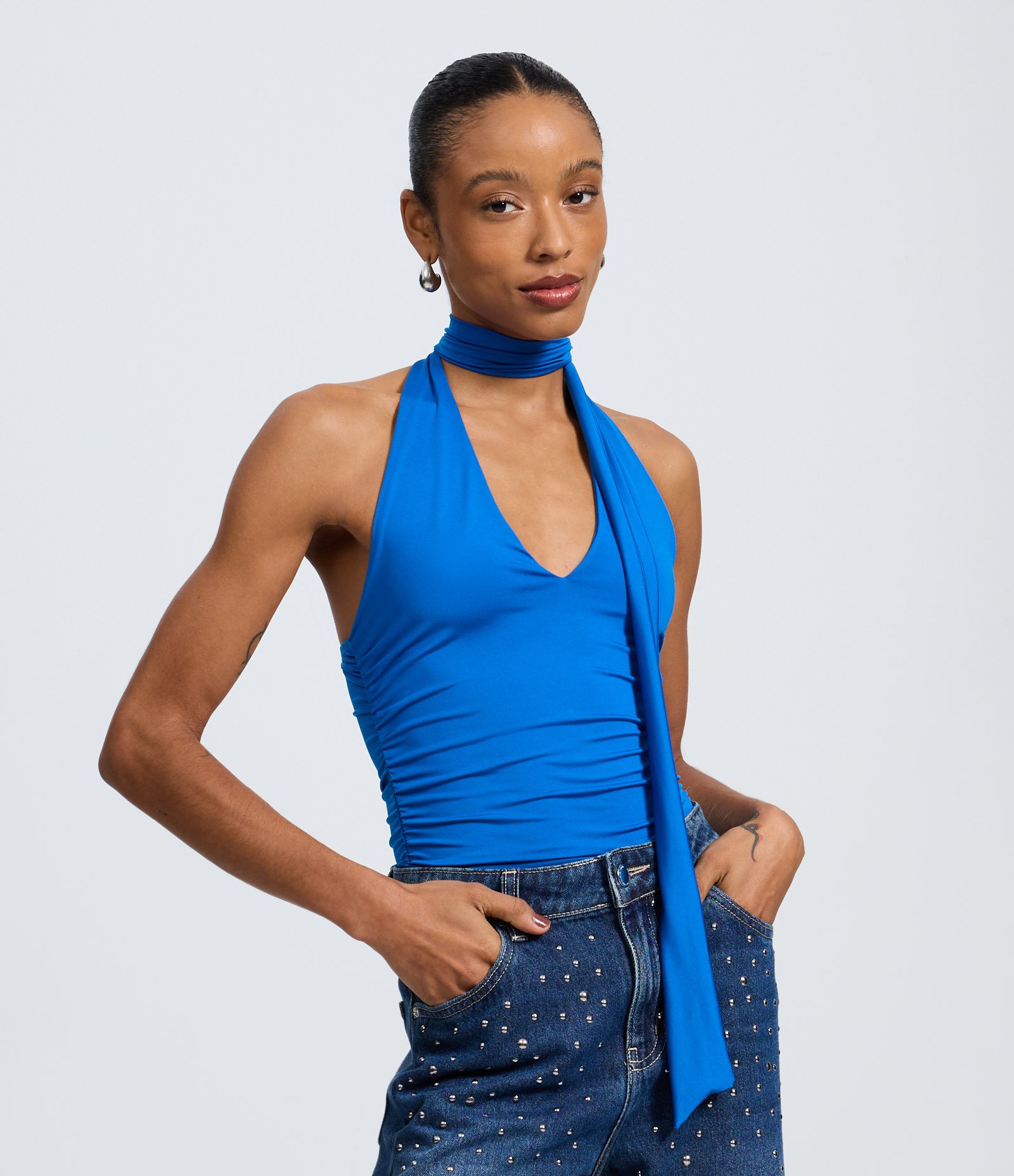 Blusa Frente Única em Microfibra com Gola Alta Azul 1