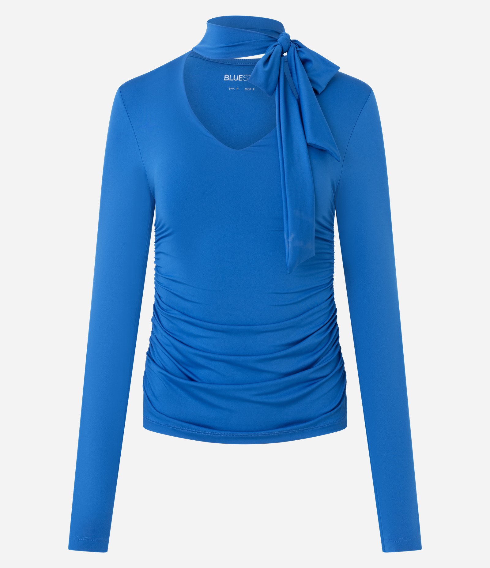 Blusa Franzida em Microfibra com Decote V e Gola Laço Azul 5