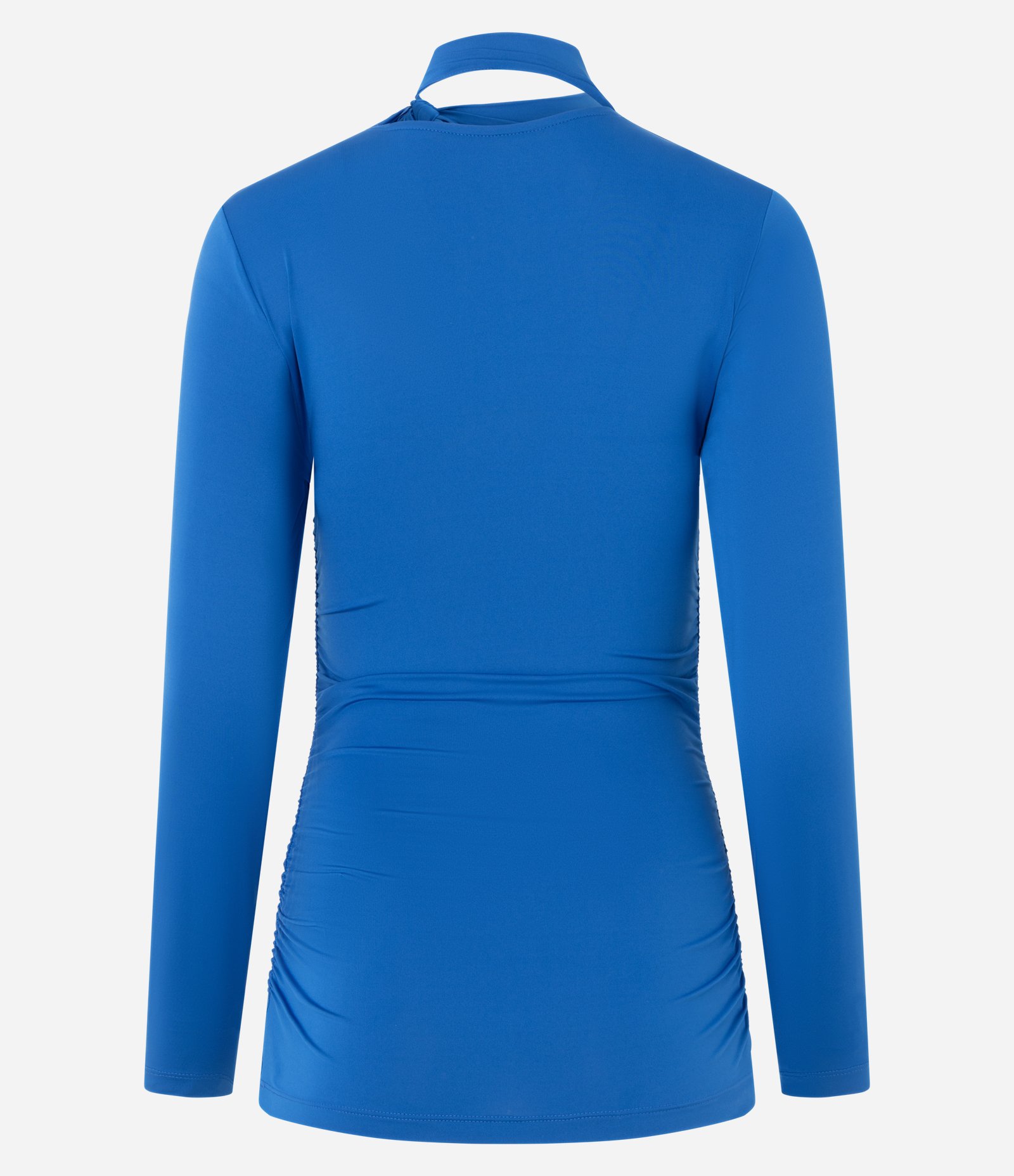 Blusa Franzida em Microfibra com Decote V e Gola Laço Azul 6