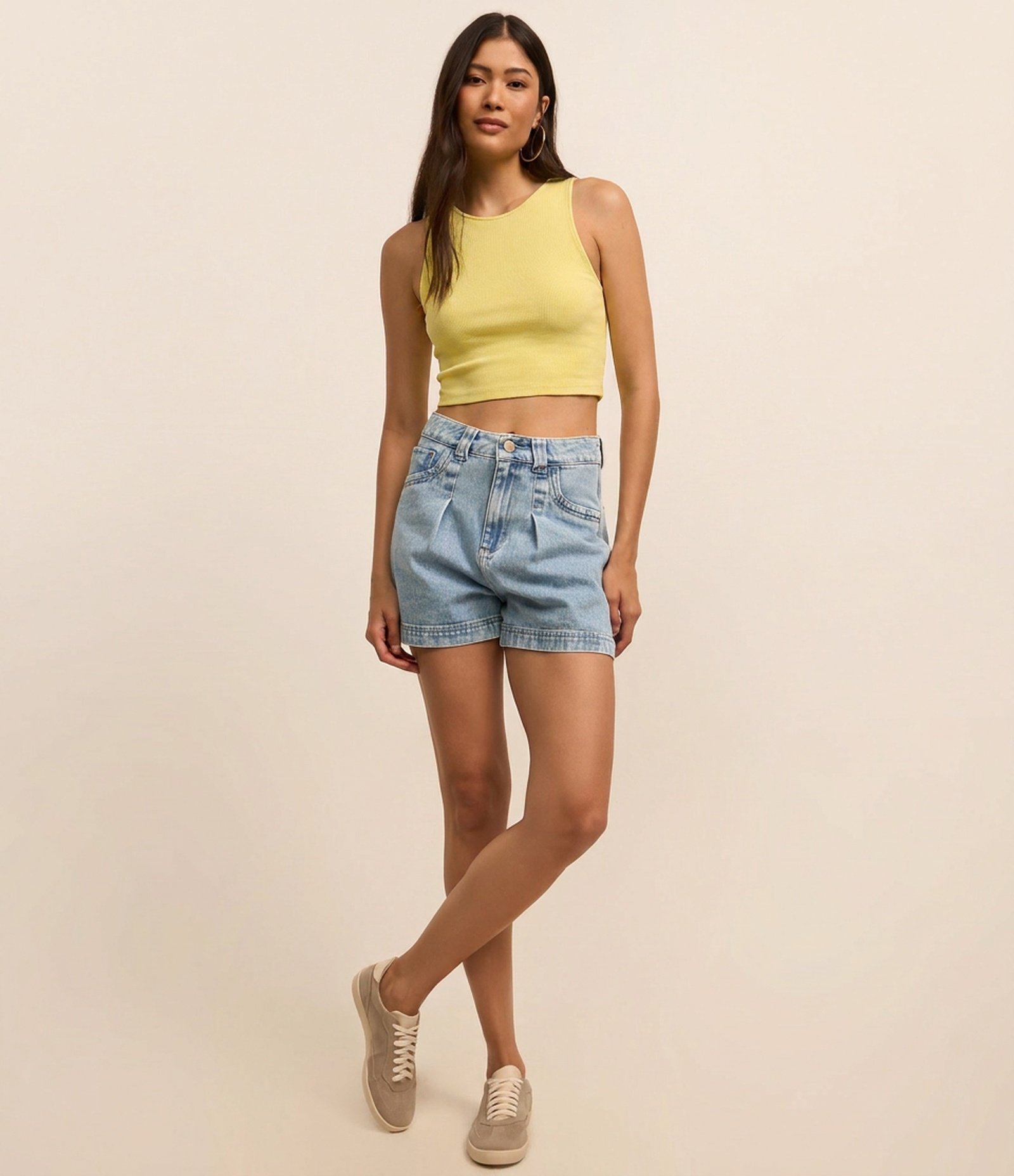 Blusa Cropped sem Manga em Algodão com Textura Canelada Amarelo 2