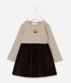 Vestido Slim Evasê Infantil com Veludo Cotelê e Bordado Urso – Tam 1 a 6 Anos