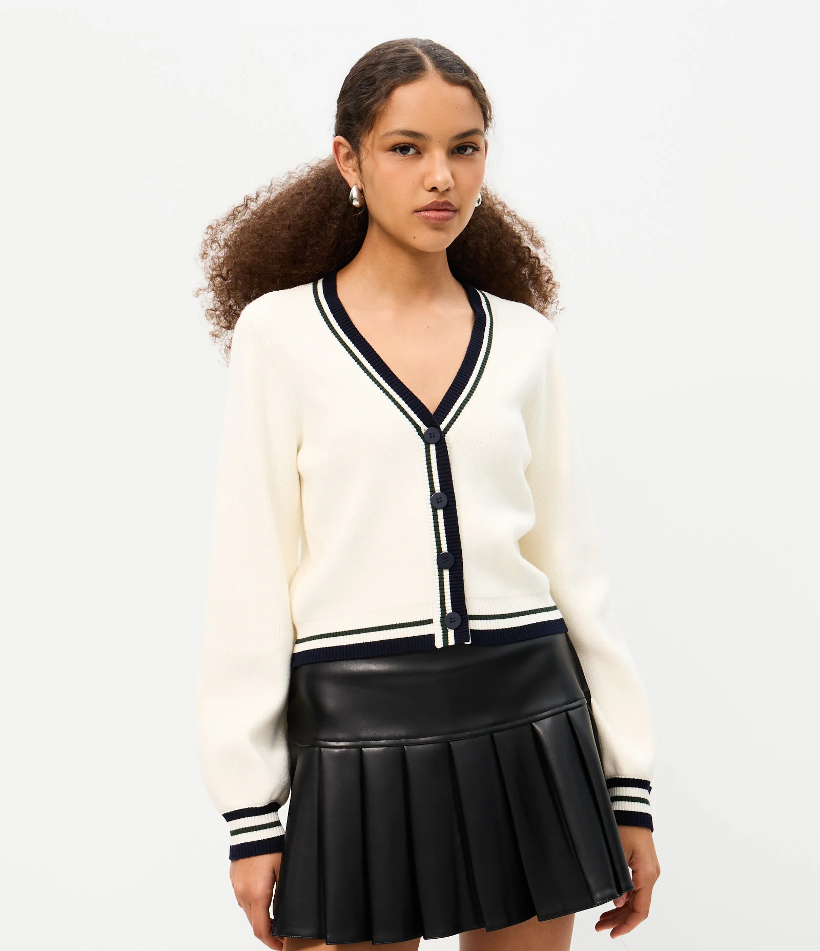 Cardigan em Tricô com Detalhes em Listras Contrastantes Branco 1