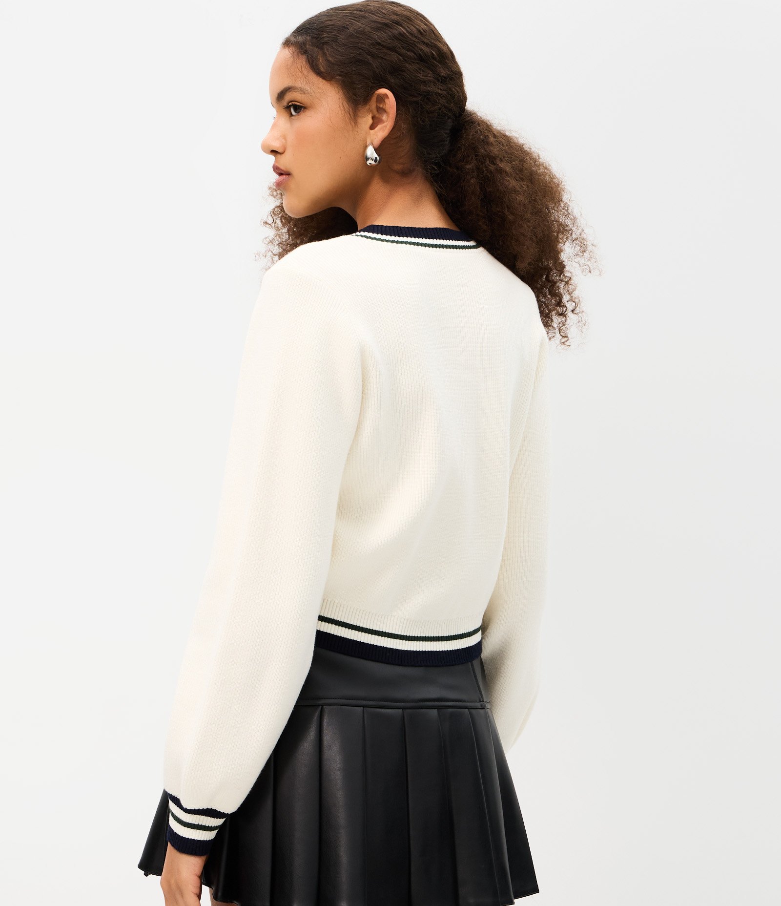 Cardigan em Tricô com Detalhes em Listras Contrastantes Branco 4