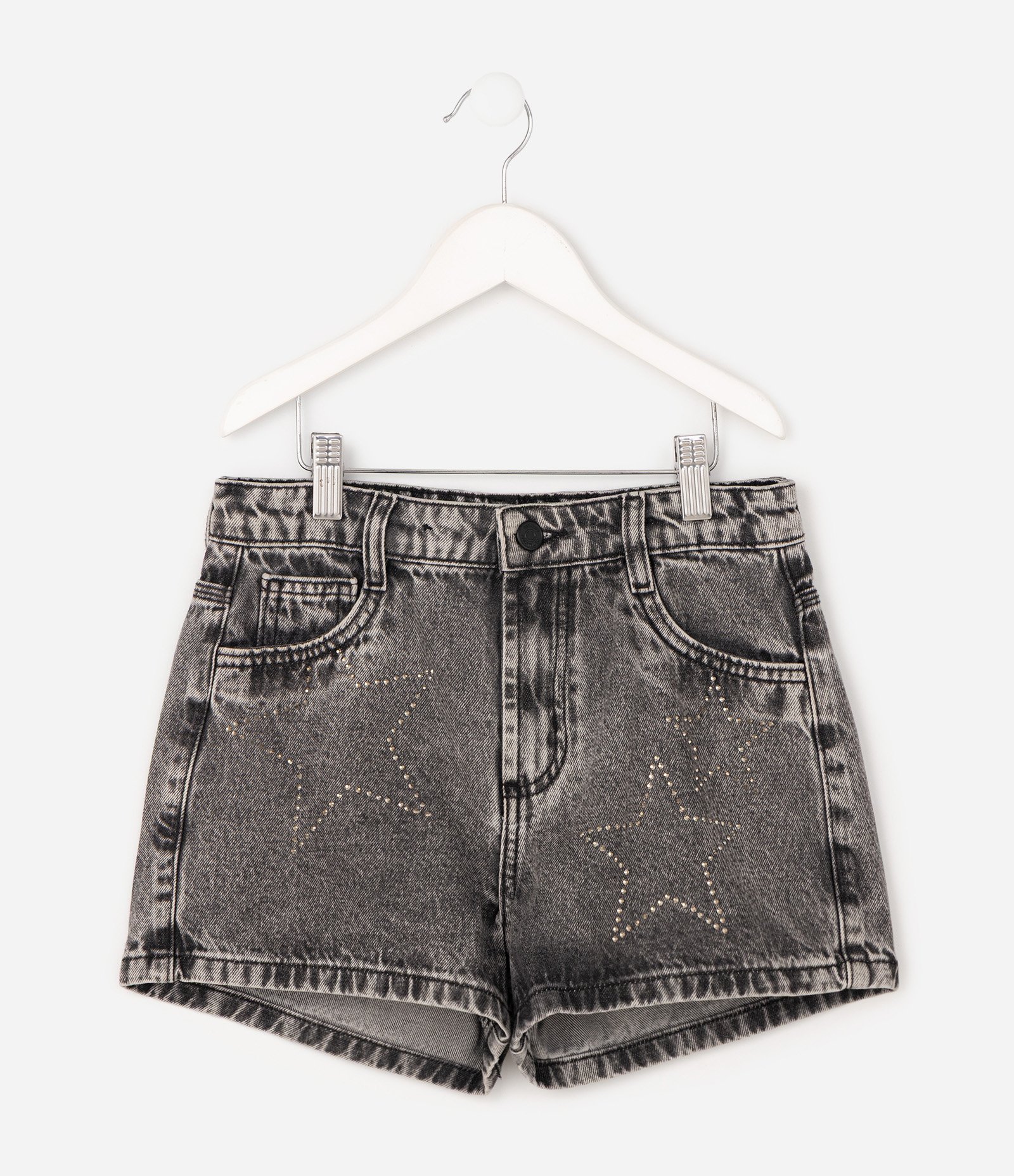 Bermuda Infantil Jeans com Strass Aplicado – Tam 5 a 16 Anos Cinza Escuro 1