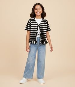 Calça Infantil Jeans Wide Leg com Estrelas - Tam 5 a 16 Anos