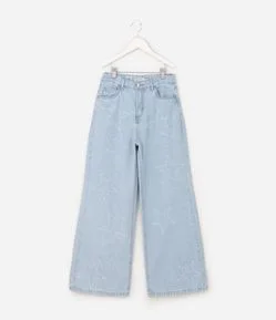 Calça Infantil Jeans Wide Leg com Estrelas - Tam 5 a 16 Anos