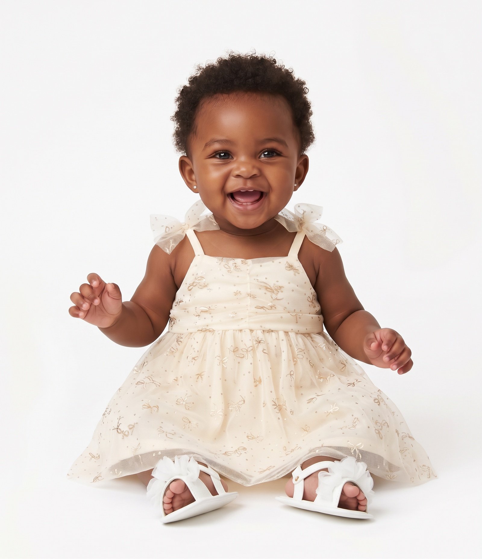 Vestido Bebêl Em Tule com Laços nas Alças - Tam 0 a 18 Meses Bege 1