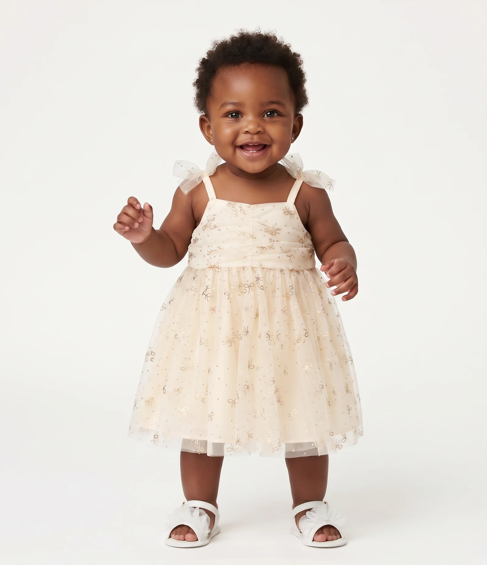 Vestido Bebêl Em Tule com Laços nas Alças - Tam 0 a 18 Meses Bege 2