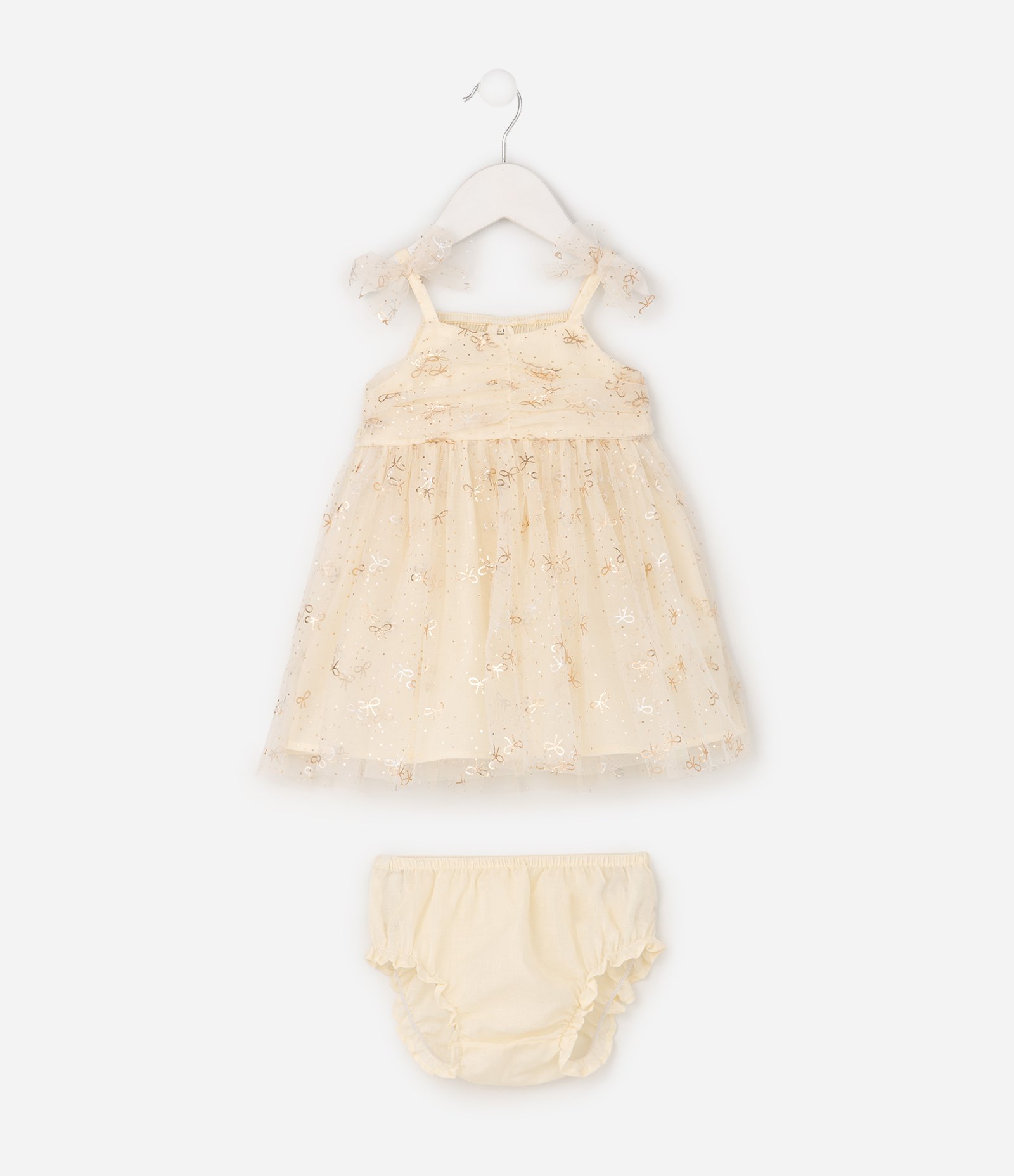 Vestido Bebêl Em Tule com Laços nas Alças - Tam 0 a 18 Meses Bege 3