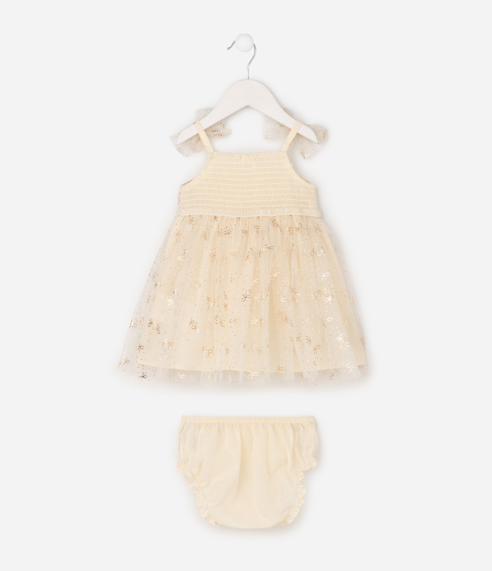 Vestido Bebêl Em Tule com Laços nas Alças - Tam 0 a 18 Meses Bege 4