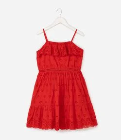 Vestido Infantil Em Algodão Com Babado e Bordado Vazado - Tam 5 a 16 Anos