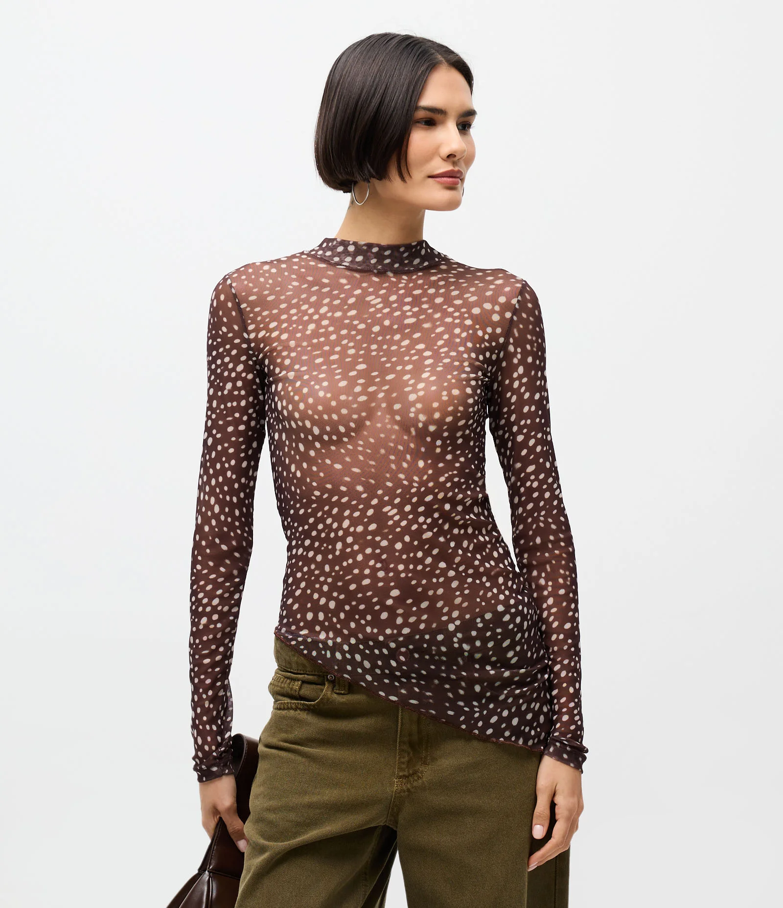 Blusa em Tule com Animal Print e Barra Assimétrica Marrom 1