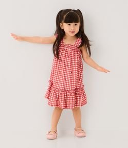 Vestido Evasê Infantil com Estampa Xadrez Vichy e Frutas – Tam 1 a 6 Anos