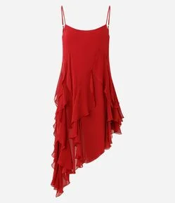 Vestido Curto de Alça com Babados Assimétricos