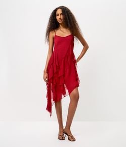 Vestido Curto de Alça com Babados Assimétricos