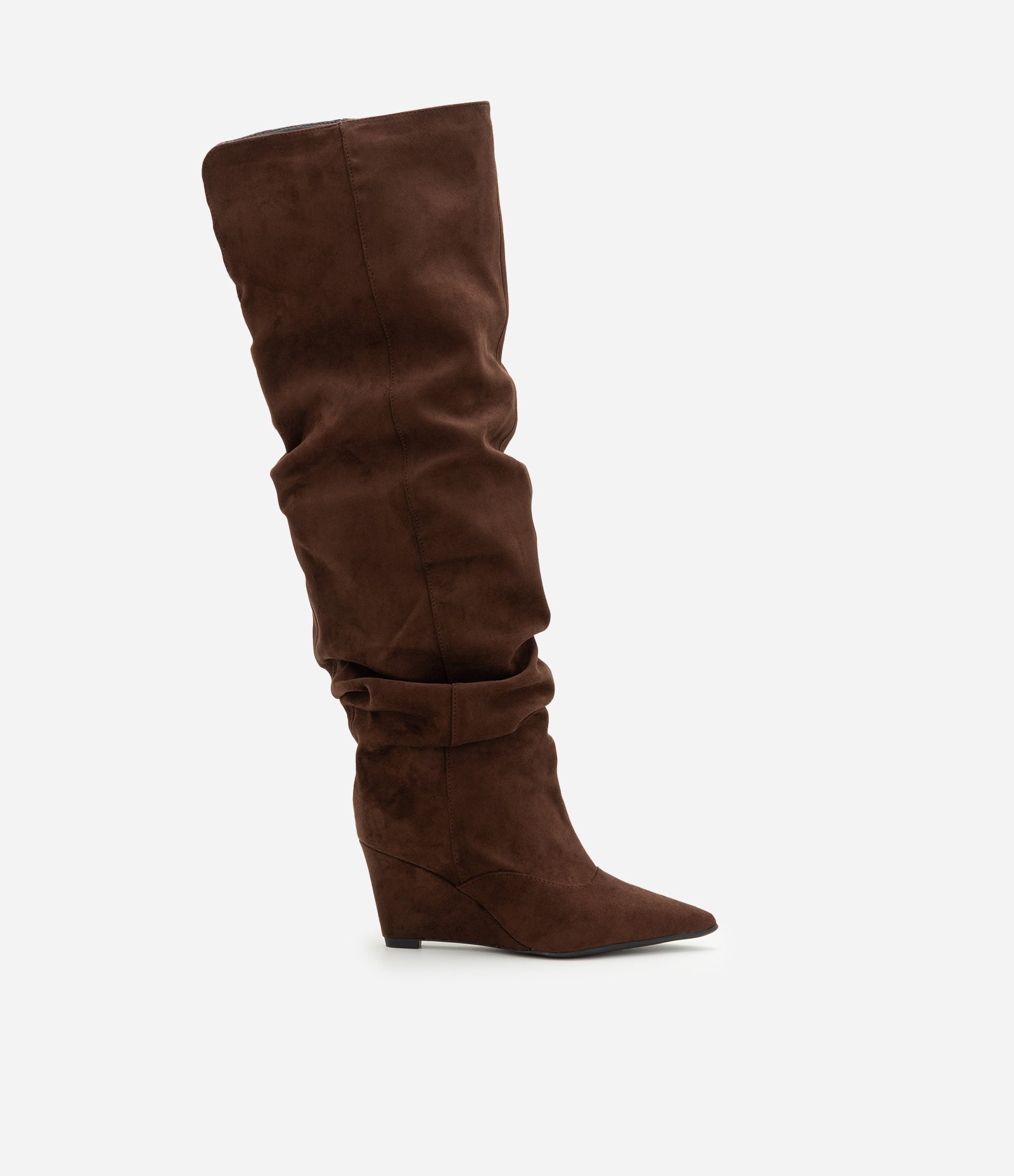 Bota em Suede com Cano Enrugado e Salto Anabela Marrom 1