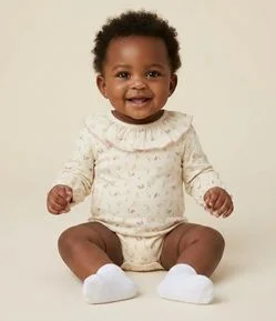 Body Infantil com Gola Boneca e Estampa Floral – Tam 0 a 18 Meses
