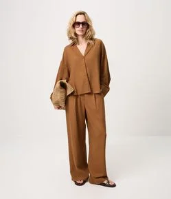Calça Wide Leg em Viscolinho com Cós Elástico