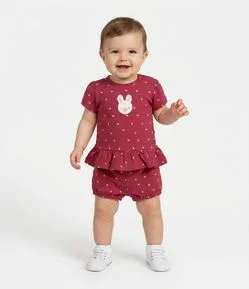 Conjunto em Algodão Bebê Bata E Short com Estampa Laços - Tam 0 a 18 MESES